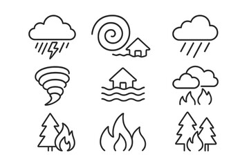 Weather symbols depicting storm, flood, tornado, and fire hazards in a clear and simple design