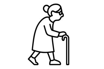 Elderly woman walking with a cane in a simple and elegant line design style
