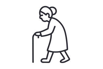 Elderly woman walking with a cane in a simple outline design representing mobility and support