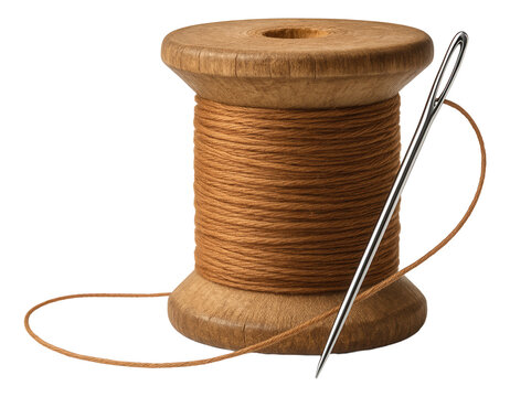 Wooden spool with brown thread and a metal sewing needle on transparent background.