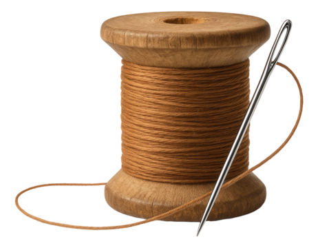 Wooden spool with brown thread and a metal sewing needle on transparent background.