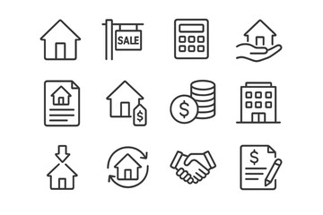 Fototapeta premium Real estate symbols showcasing home buying, selling, and financial processes in a clean design