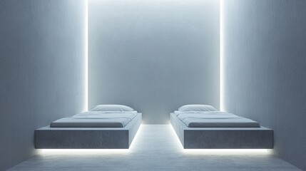 Two separate single beds in a modern minimalistic bedroom with a cold empty gap in between, moody dim lighting creating a distant emotional atmosphere of loneliness, isolation
