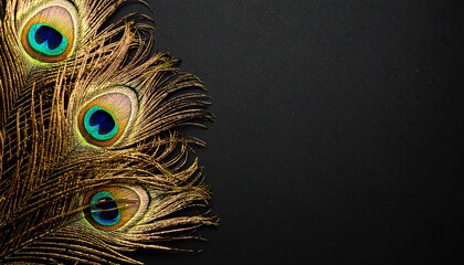 black background with golden peacock feathers