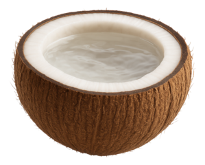 Half of a brown coconut filled with clear coconut water, showing the fibrous outer shell and white inner flesh on transparent background.