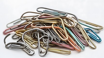 A close up shot of a pile of colorful paper clips on a white surface with a shallow depth of field