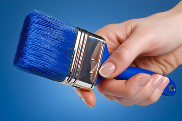 A hand holding a paintbrush coated with blue paint against a matching blue background.