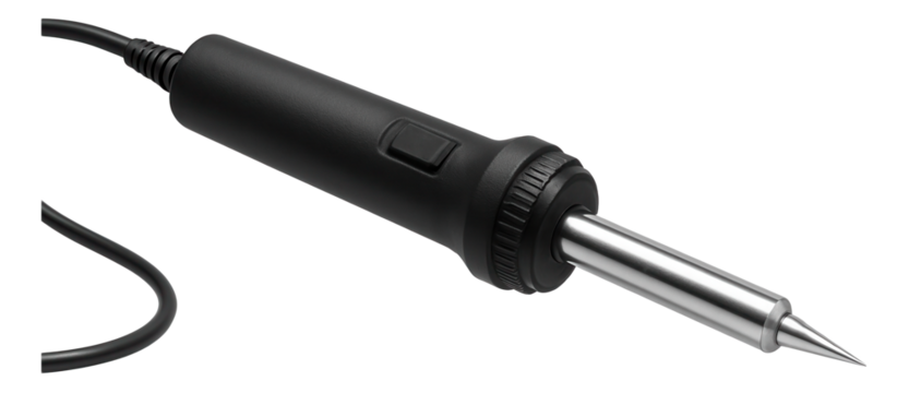 A black electric soldering iron with a metal tip and a black rubber grip, designed for precision electronic work, on transparent background.