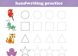 Handwriting Practice. Tracing lines of different shape for kids with animals. Vector Illustration