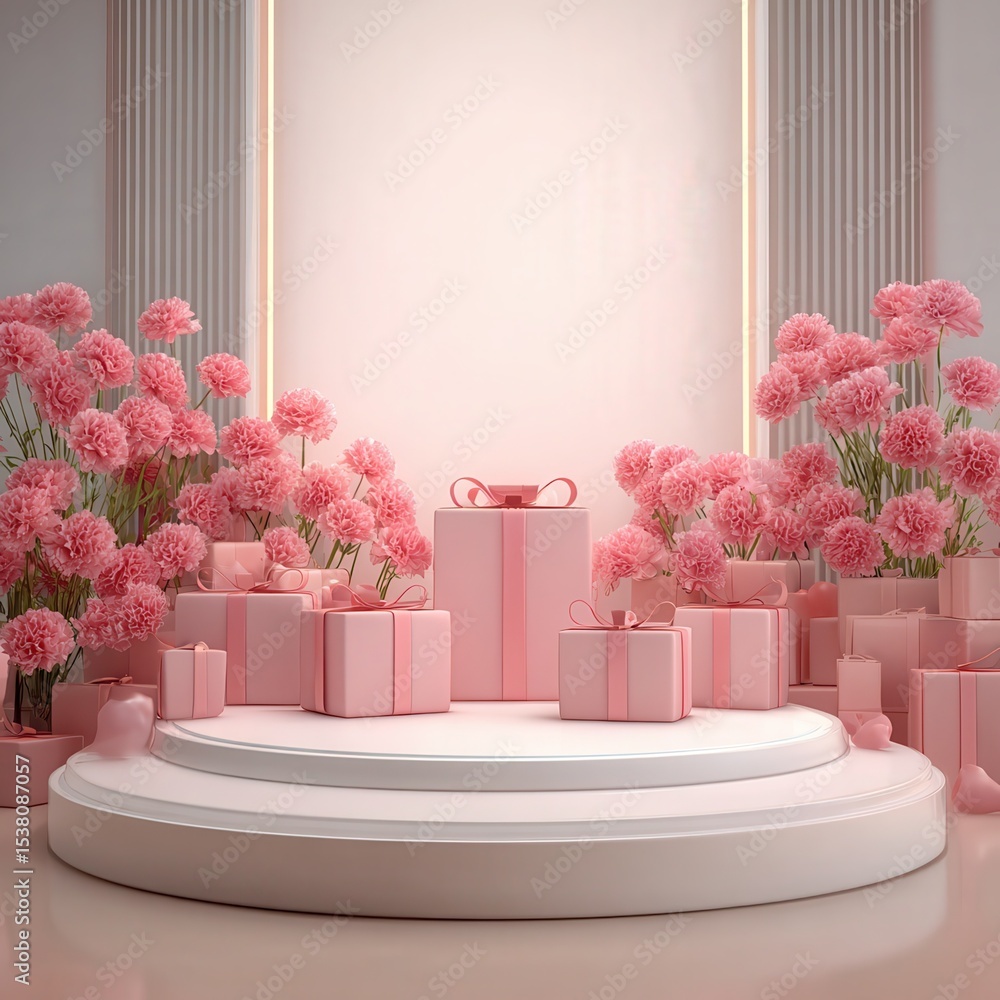Poster a soft and ultra-bright 3d scene with a front-facing camera angle, an empty podium, surrounded by vi