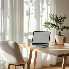 Fototapeta premium Minimalist Scandinavian home office with laptop on wooden desk, coffee mug, indoor plant, cozy chair and white walls, bathed in soft natural daylight, remote work concept with shallow depth of field