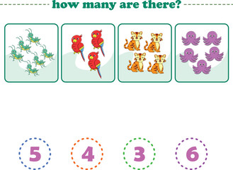 Counting game of wild animals for preschool kids. Printable. Vector Illustration