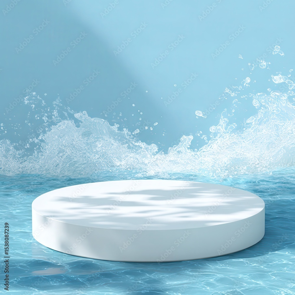 Aufkleber empty white circle podium on transparent clear calm water texture with splashes and waves in sunligh