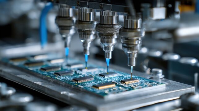 Precision robotic arms applying solder paste to a circuit board in an automated manufacturing process.