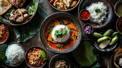 An overhead shot of a bowl of hot  on a dining table, surrounded by traditional Thai side dishes and condiments, creating a vibrant and inviting meal spread.