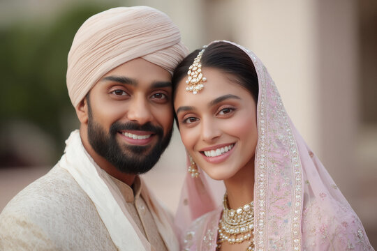 beautiful Indian couple in traditional wedding attire. The groom is wearing a beige turban, and the bride is wearing a sari with a pastel pink veil.