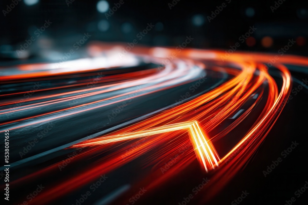 Poster a car's tail lights forming the shape of an arrow, pointing towards distant light trails representin