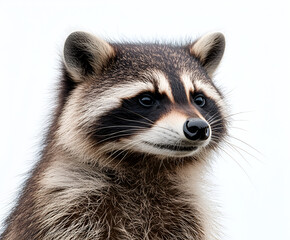 Fototapeta premium Close-up front view of a wild mammal, a cute young raccoon and ferret with fur, isolated on a white background