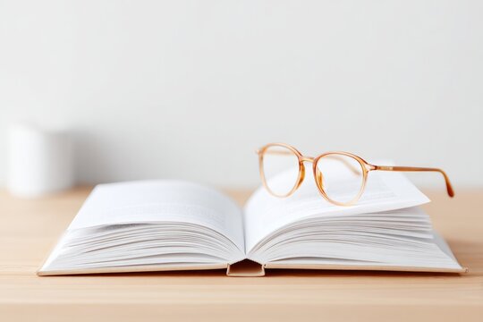serene classroom with open book and reading glasses laid on wooden table against clean white wall exemplifies art of - Powered by Adobe
