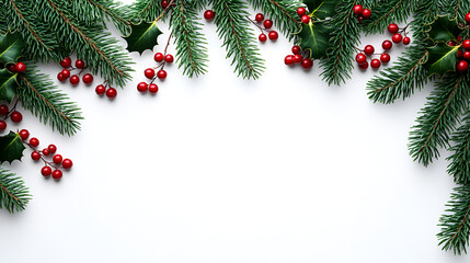 Christmas new year holiday background with fir tree branches frame and golden decoration