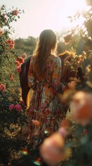 Back view of a woman in a floral dress standing beside a horse among tall flowers