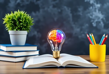 Colorful Brain Inside Light Bulb on Open Book with Pencils and Plant Education Concept