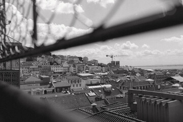 Scenic Black and White View of Lisbon Rooftops and Alfama District