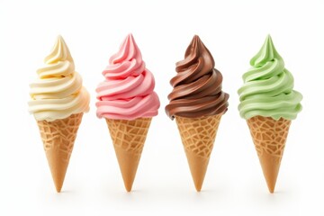 Soft serve ice cream of vanilla, strawberry, chocolate and green tea flavours on crispy cone isolated on white background (clipping path included)