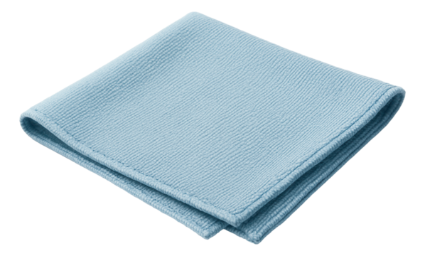 Light blue microfiber cloth folded neatly, showcasing its soft texture and versatile use for cleaning and dusting on transparent background.