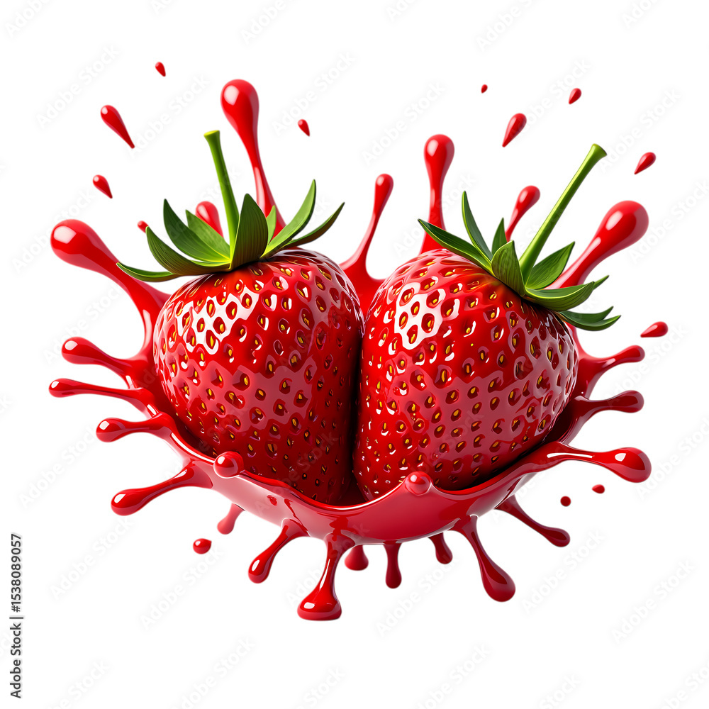 Poster two strawberries with green stems in a splash of red liquid isolated on transparent background