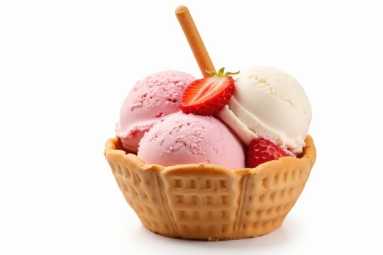 Ice cream scoops / ice cream in bowl / strawberry ice cream with wafer stick in waffle bowl isolated on white background