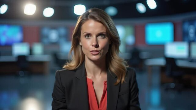 Female journalist speaking directly to camera in news studio setting  