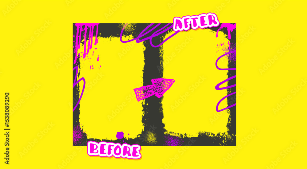 Poster before and after template. graffiti frames for photo comparison. competition layout borders with gru