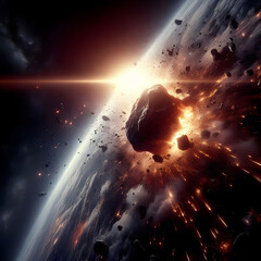 Asteroid hit by Earth 3D rendered illustraion. International Asteroid Day