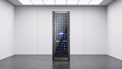 Server in white room. Datacenter, Hosting service, Computer warehouse concept - 3d illustration.