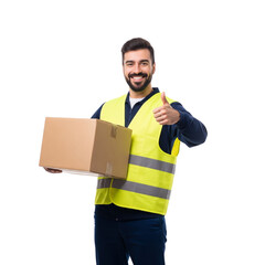 Happy Delivery Man Holding Package, Thumbs Up