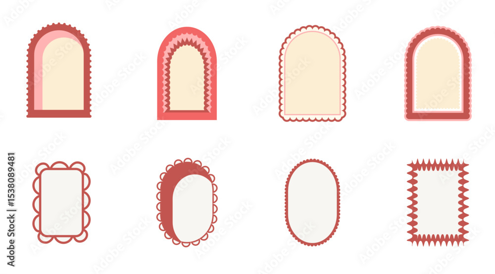 Poster retro coquette geometric frames. set of funky borders with scallop wavy edges. text boxes and callou