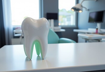 Healthy White Tooth Model on Modern Dentist Desk Dental Office Background