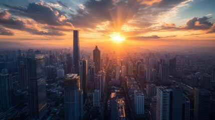 An overhead view of a bustling cityscape with the sun setting between high-rise buildings, creating a beautiful gradient of colors in the sky and casting a warm glow over the urban landscape.