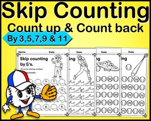 Skip counting by 3,5,7,9 & 11 with baseball, math activity for kids, cover and template 
