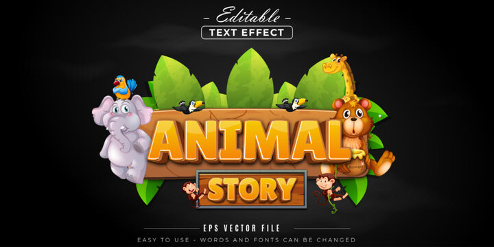 Animal story text on wooden board, editable text effect.