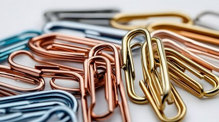 A close up shot of a colorful collection of paper clips scattered on a white surface in a pile
