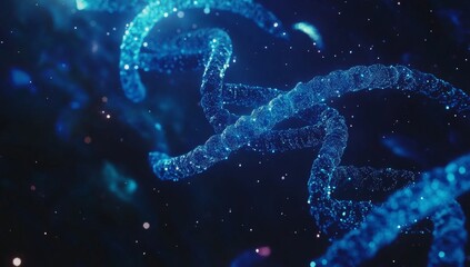 Blue DNA double helix in space with glowing particles and bokeh lights on a dark blue background, an abstract futuristic bioclassical design of a vector illustration of the DNA model depicted 
