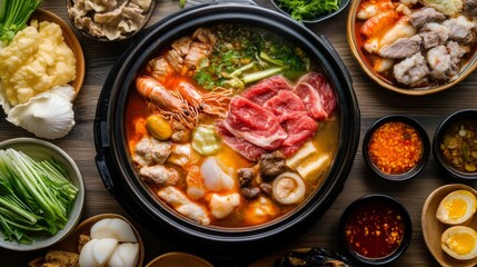 An overhead view of a hot pot with an assortment of meat, seafood, and vegetables cooking in a flavorful broth, surrounded by small bowls of dipping sauces.