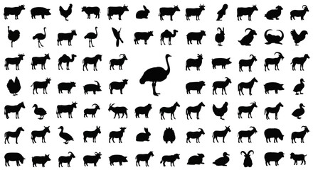 Collection of Farm Animal Silhouettes: Cows, Goats, Sheep, Pigs, Chickens, and More