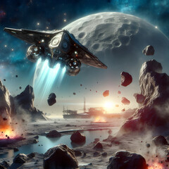 Futuristic spacecraft landing in outer space on an asteroid. International Asteroid Day