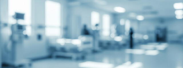Blurred hospital room with beds and medical equipment in a sterile environment.