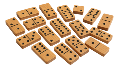 A collection of wooden domino tiles showing various dot patterns on transparent background.