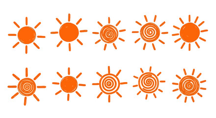 Ten Hand-Drawn Orange Sun Icons, Simple Summer Symbols