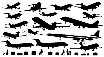 Collection of Airplane Silhouettes with Passengers and Luggage